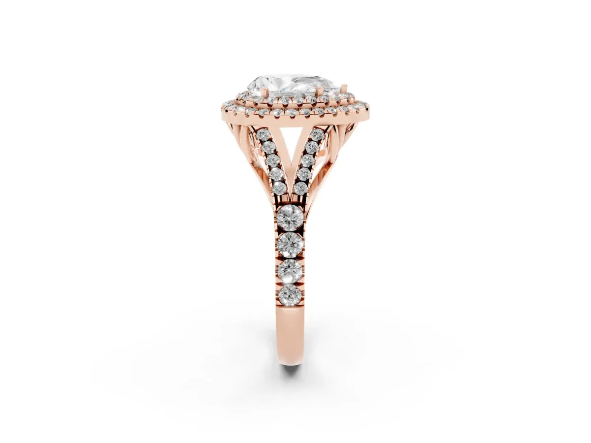 Pear Cut Diamond Pavé Split Shank Double Halo Engagement Ring Rose gold