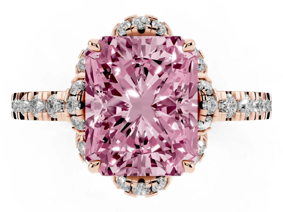 Fancy Pink Radiant Cut Halo Diamond Pave Band Ring with Four-Prong Setting Rose gold