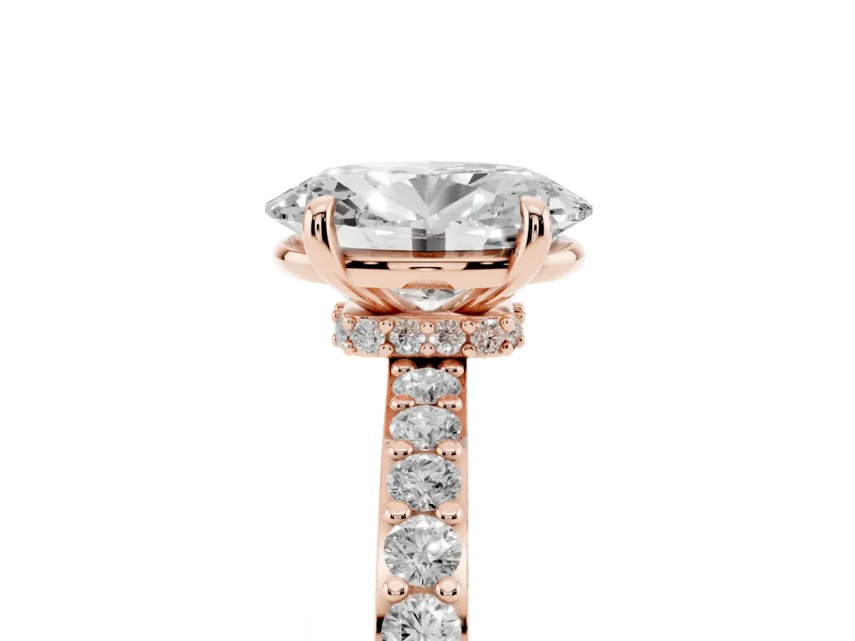 Oval Cut Diamond Pavé Engagement Ring with Round Accents and Prong Setting Rose gold