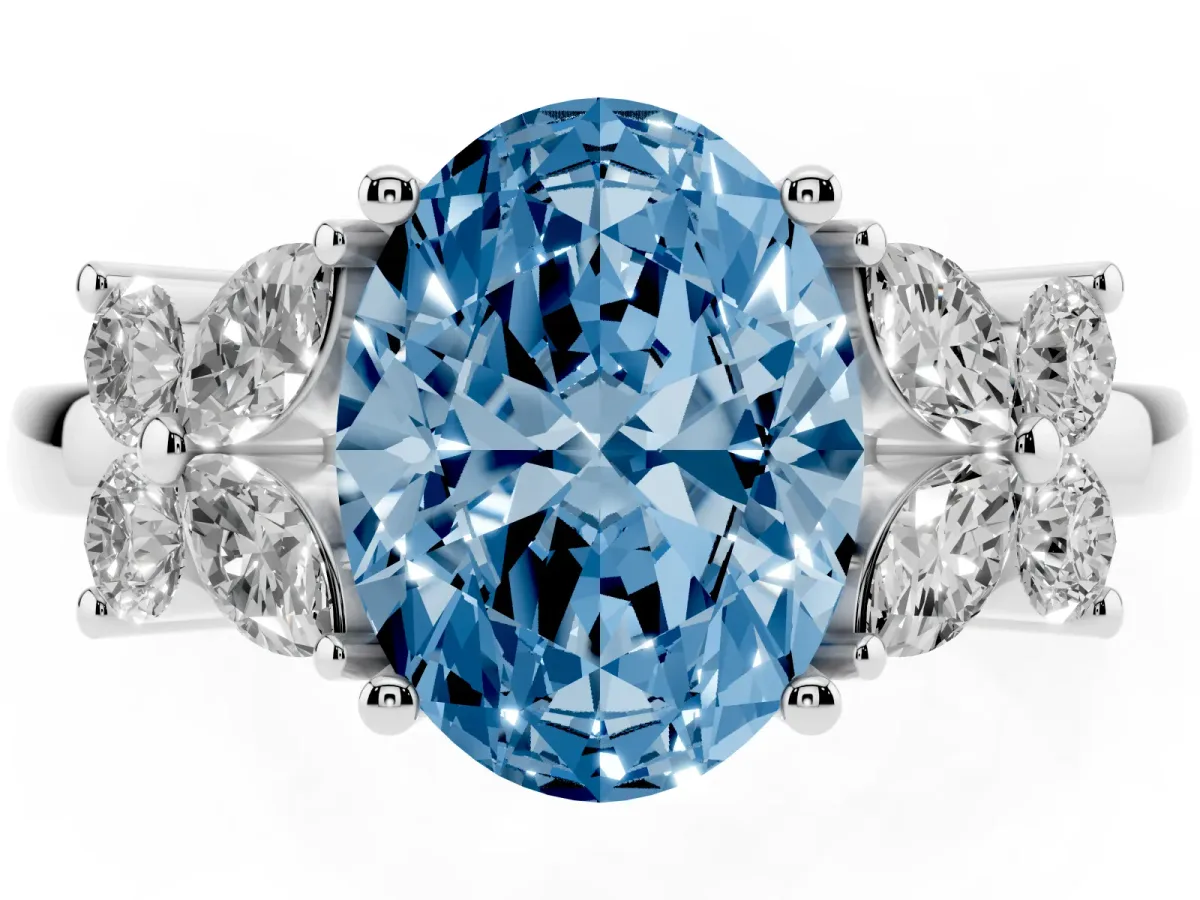 Fancy Blue Oval Cut Diamond Floral Cluster Ring with Solitaire Band and Prong Setting Silver
