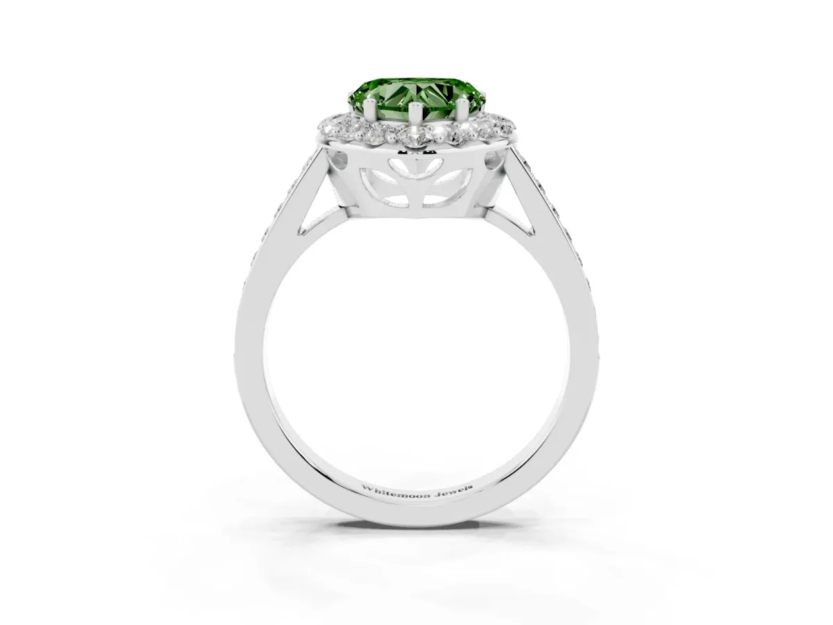 Fancy Green Heart Cut Diamond Floral Halo Ring with Pavé Band and Prong Setting Platinum