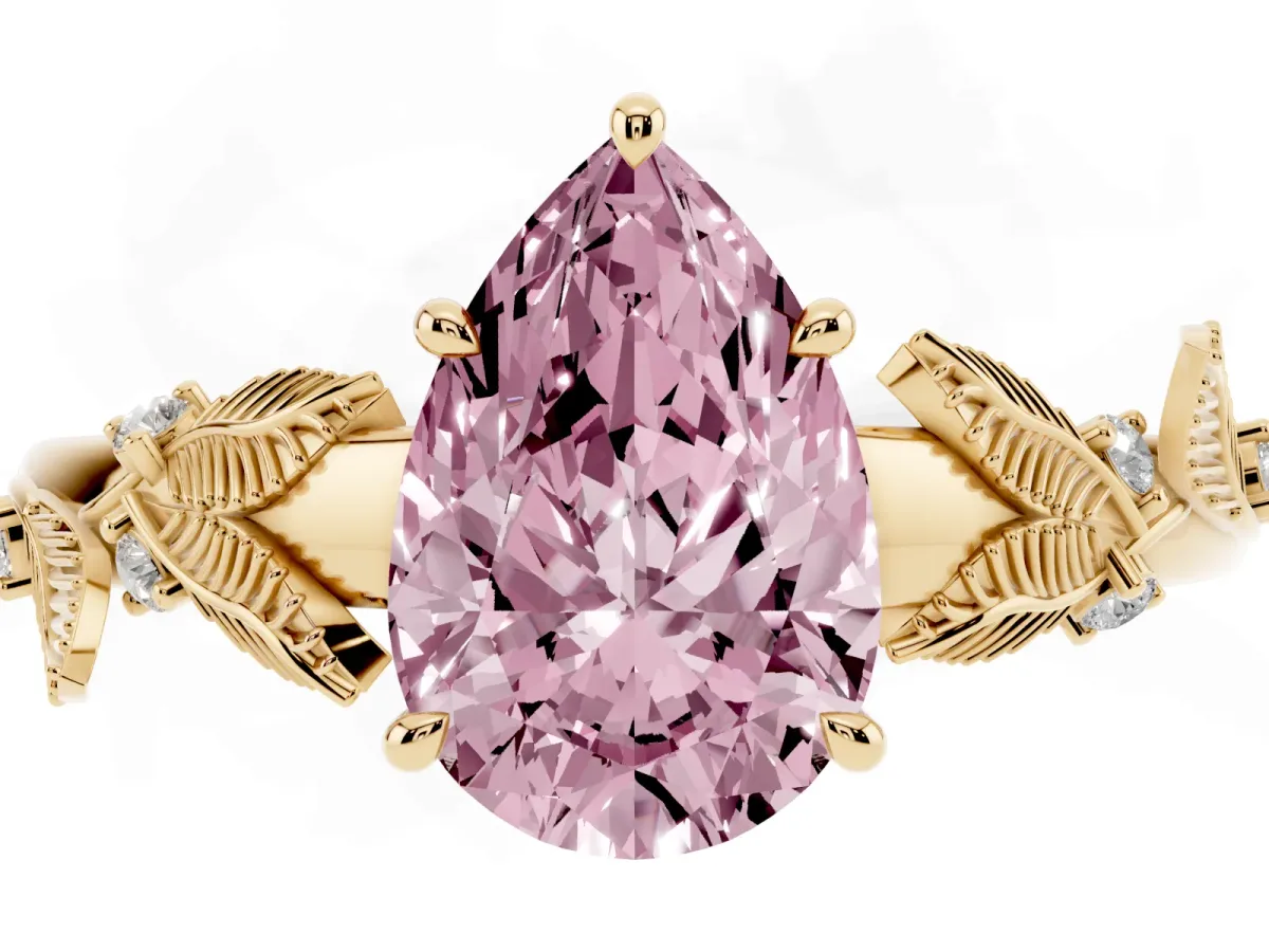 Fancy Pink Pear Cut Diamond Solitaire Ring with Leaf Motif Band and Four-Prong Setting Yellow gold