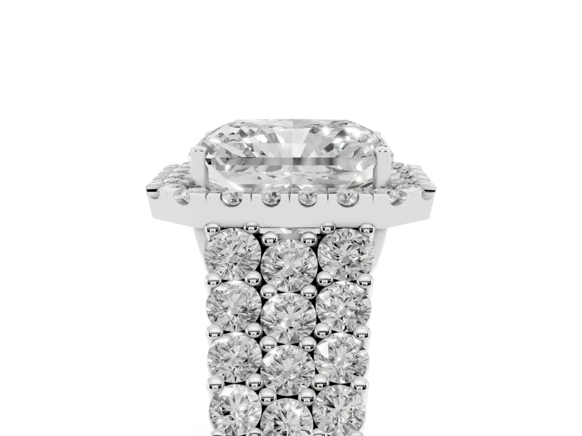 Radiant Cut Diamond Halo Engagement Ring with Triple Row Round Pavé Band and Prong Setting Platinum