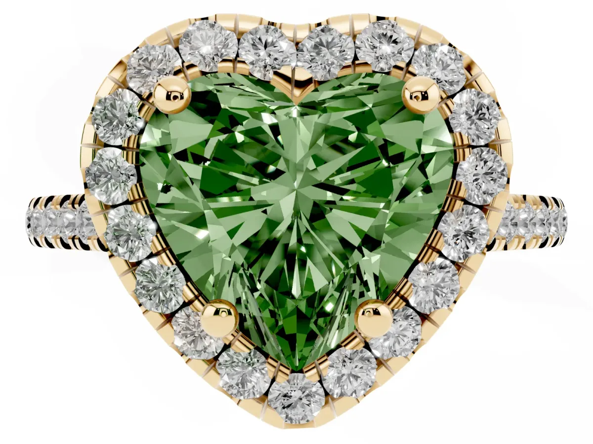 Fancy Green Heart Cut Diamond Cushion Halo Ring with Pavé Band Yellow gold