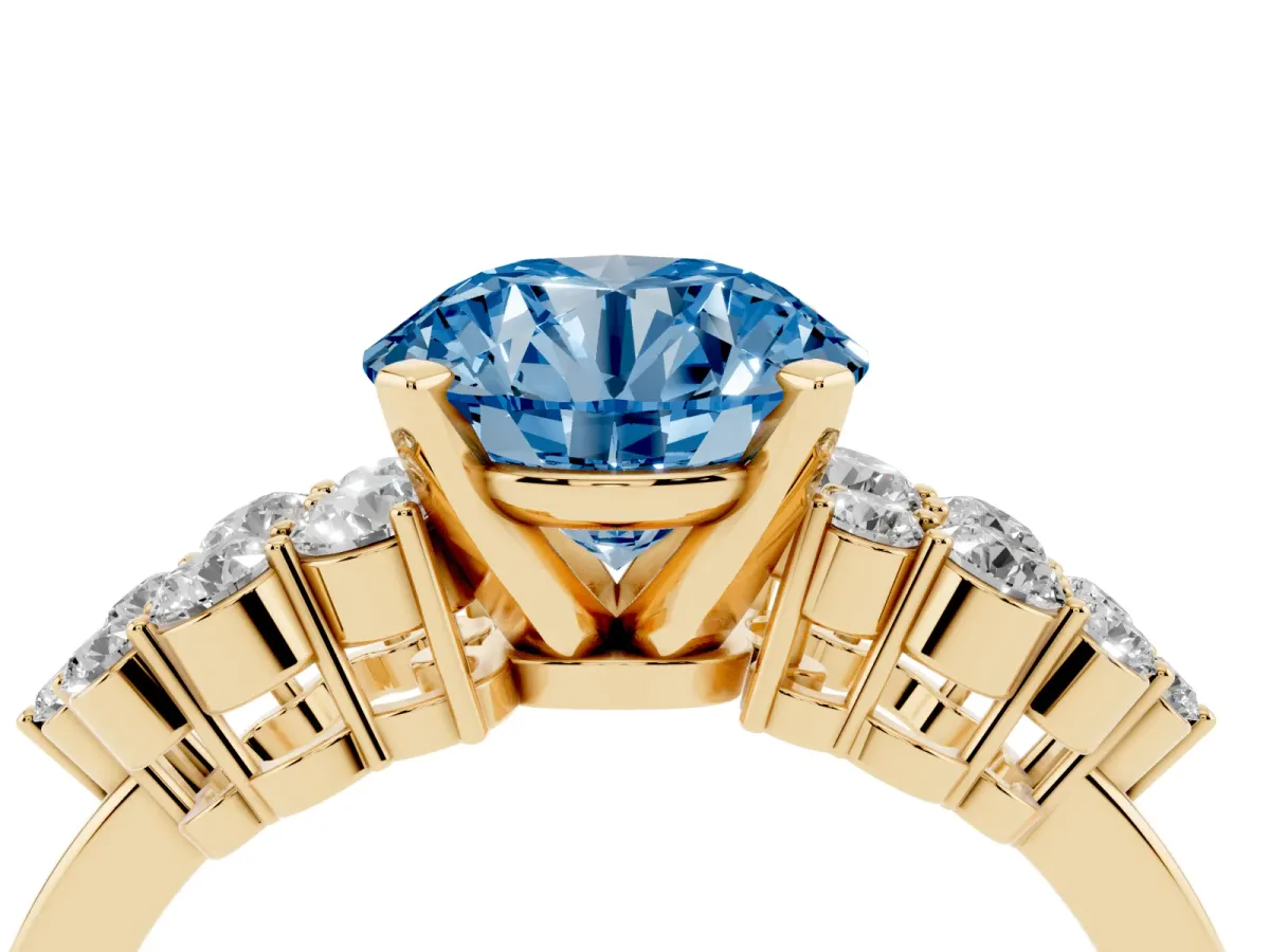 Fancy Blue Round Cut Cluster Diamond Engagement Ring with Pavé Band and Four-Prong Setting Yellow gold