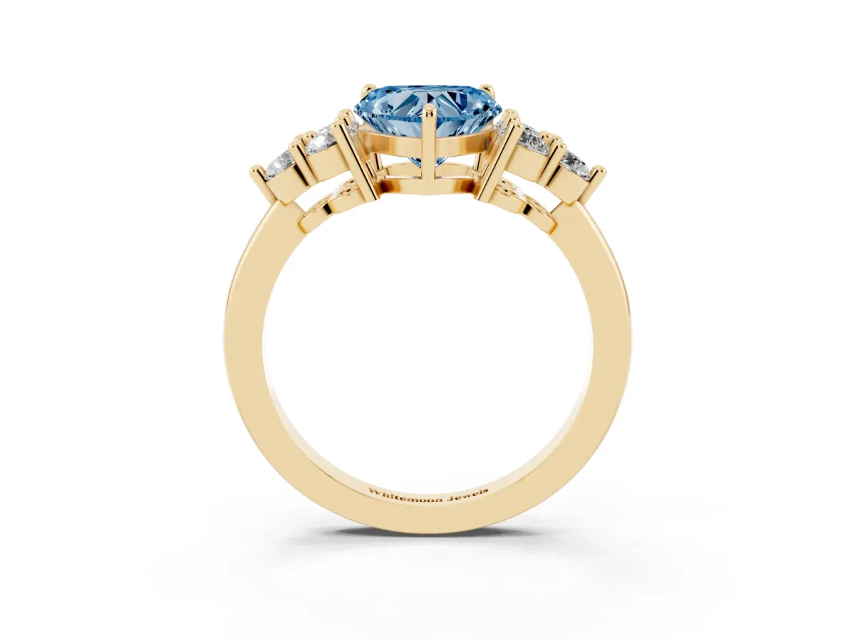 Fancy Blue Heart Cut Brilliant Diamond Cluster Accent Solitaire Ring with Prong Setting Yellow gold