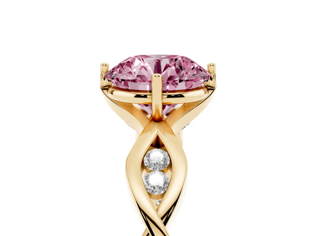 Fancy Pink Round Cut Solitaire Twist Band with Leaf Prong Setting Yellow gold