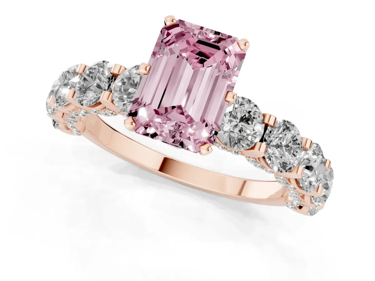 Fancy Pink Emerald Cut Diamond Side Stone Engagement Ring with Four-Prong Setting Rose gold