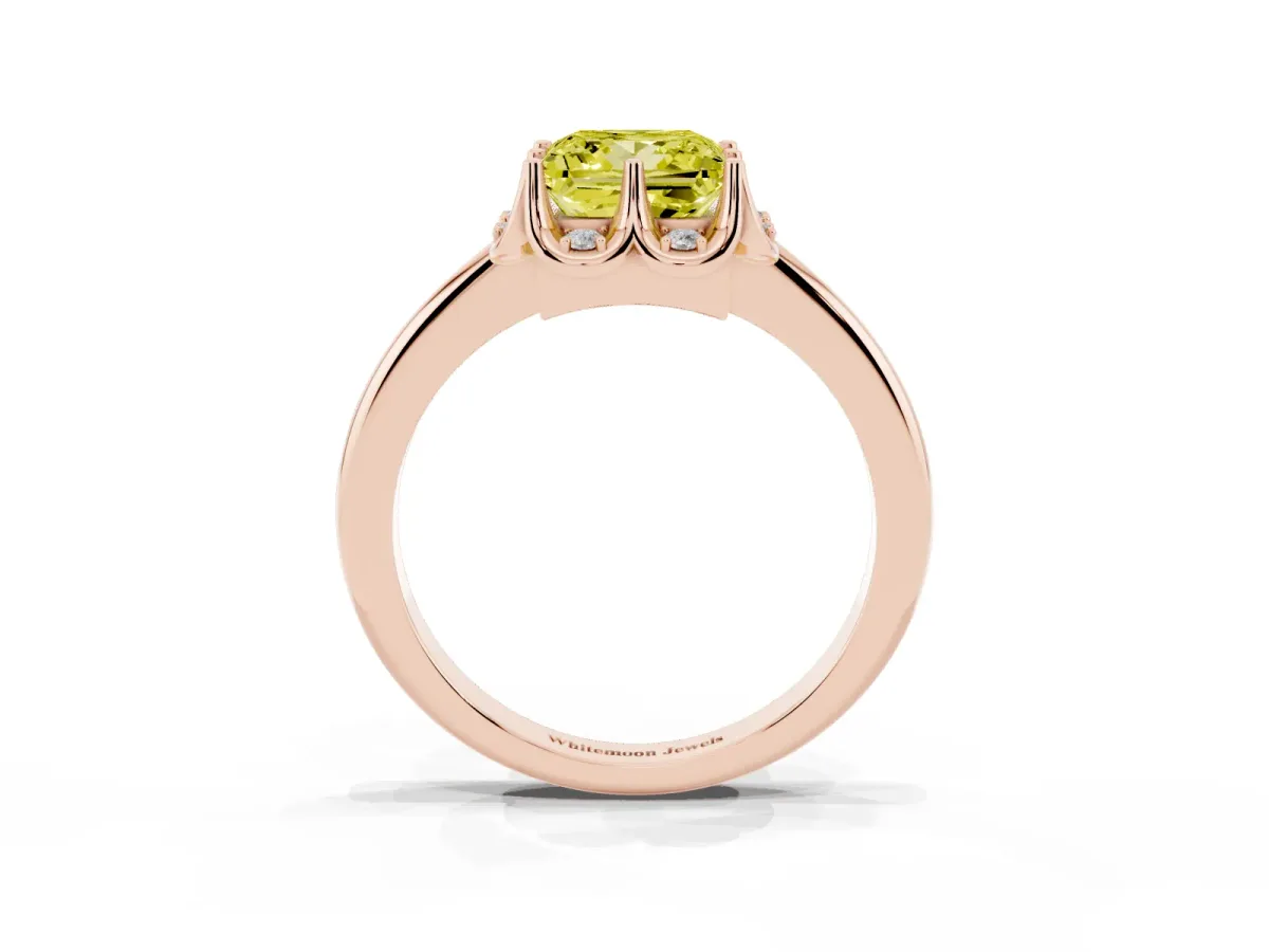 Fancy Yellow Princess Cut Halo Diamond Ring with Round Cluster Setting, Solitaire Band, and Four-Prong Setting Rose gold