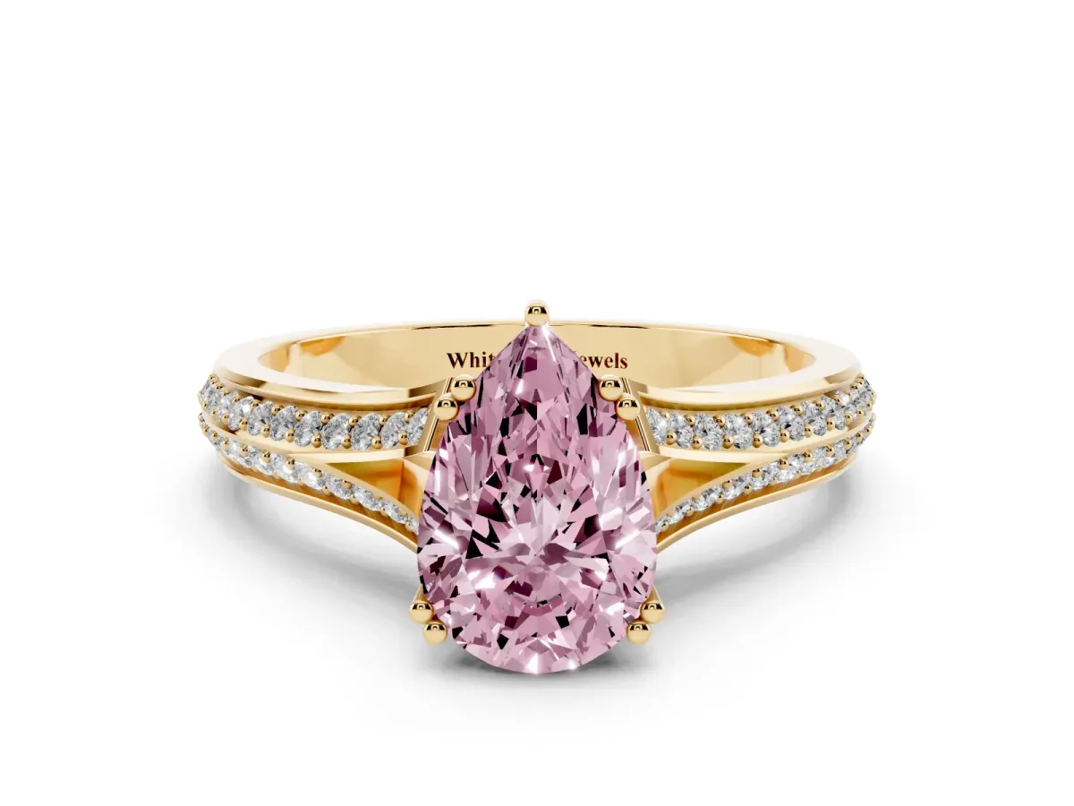 Fancy Pink Pear Cut Diamond Split Shank Engagement Ring with Pavé Band Yellow gold
