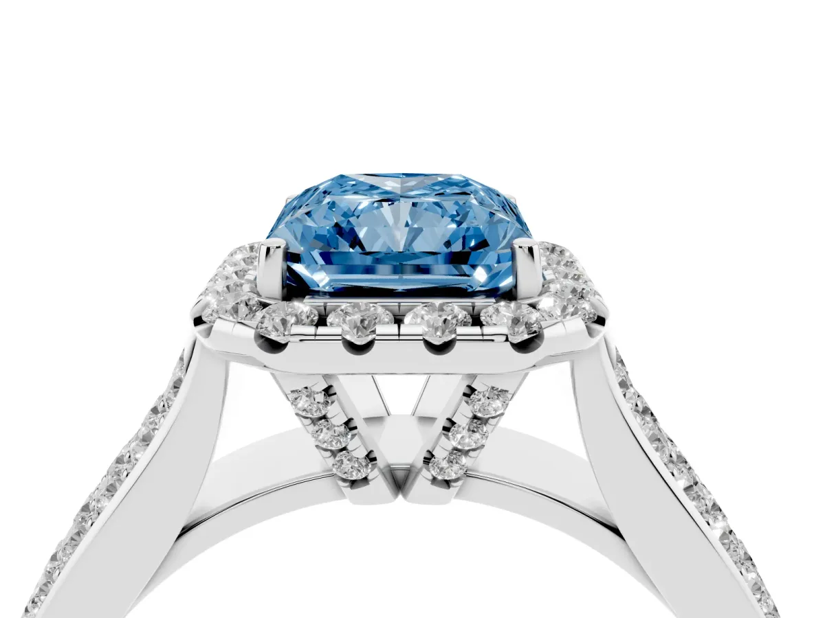 Fancy Blue Radiant Cut Halo Round Diamond Pave Band with Prong Setting Silver