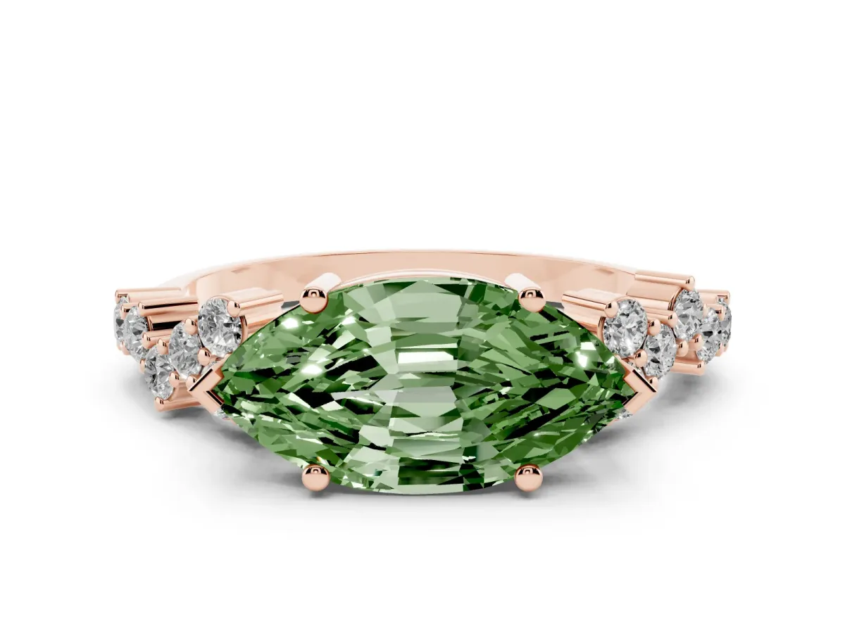 Fancy Green Marquise Cut Diamond Scattered Round Accent Ring with Prong Setting Rose gold