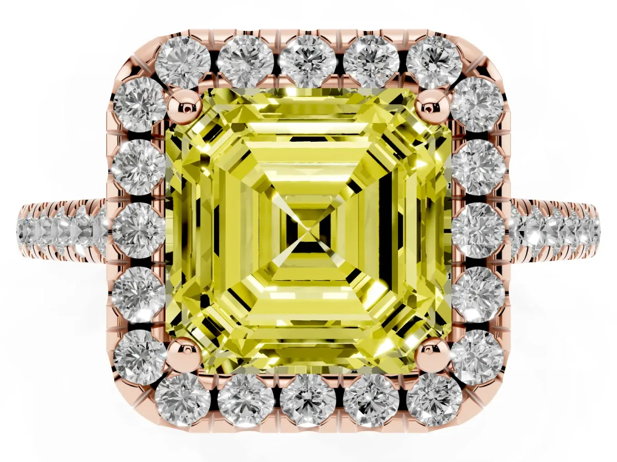 Fancy Yellow Asscher Cut Halo Pavé Diamond Engagement Ring with Four-Prong Setting Rose gold
