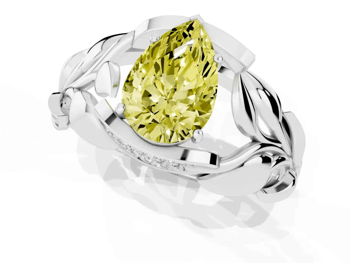 Fancy Yellow Pear Cut Diamond Leaf-Inspired Engagement Ring with Round Accents and Prong Setting Silver