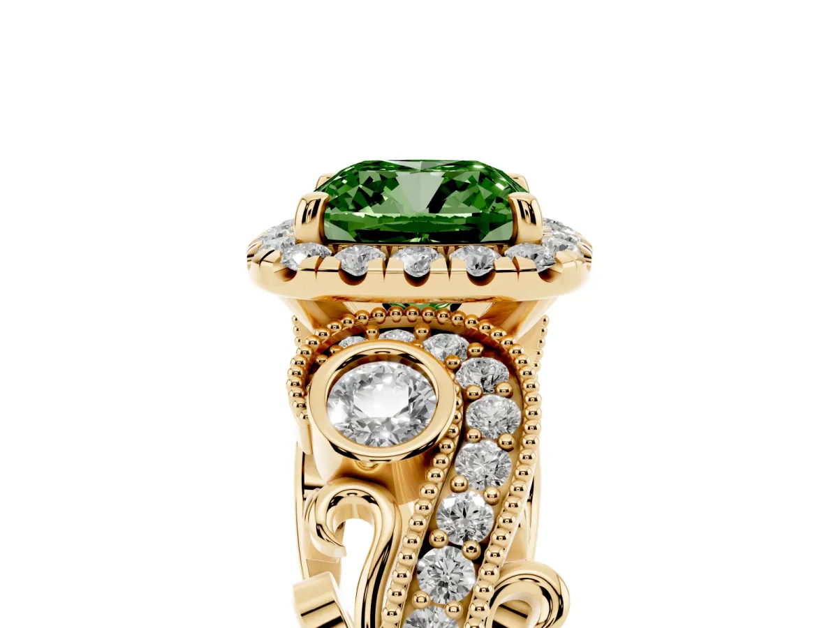 Fancy Green Cushion Cut Diamond Halo Ring with Milgrain Pavé Band and Four-Prong Setting Yellow gold