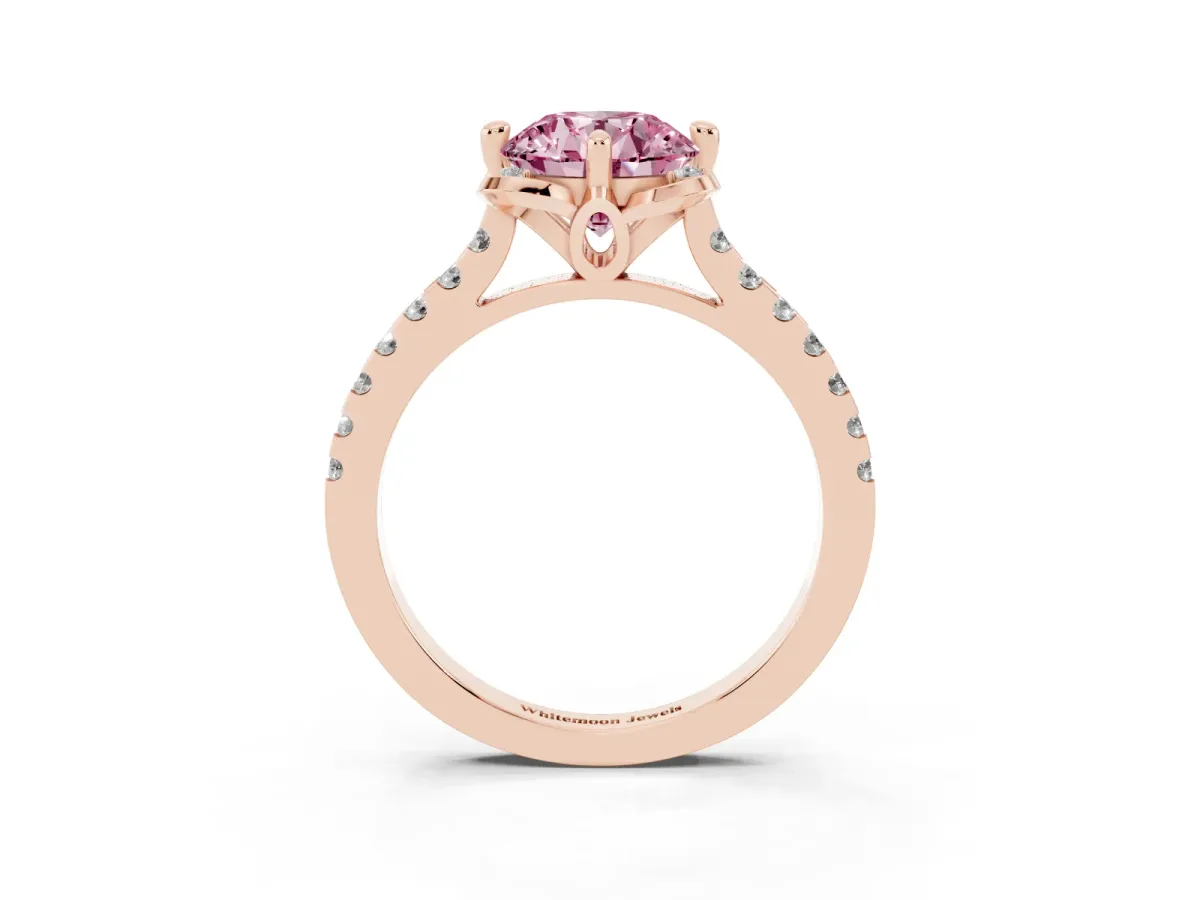 Fancy Pink Round Cut Diamond Ring with Pavé Band and Floral Prong Setting Rose gold