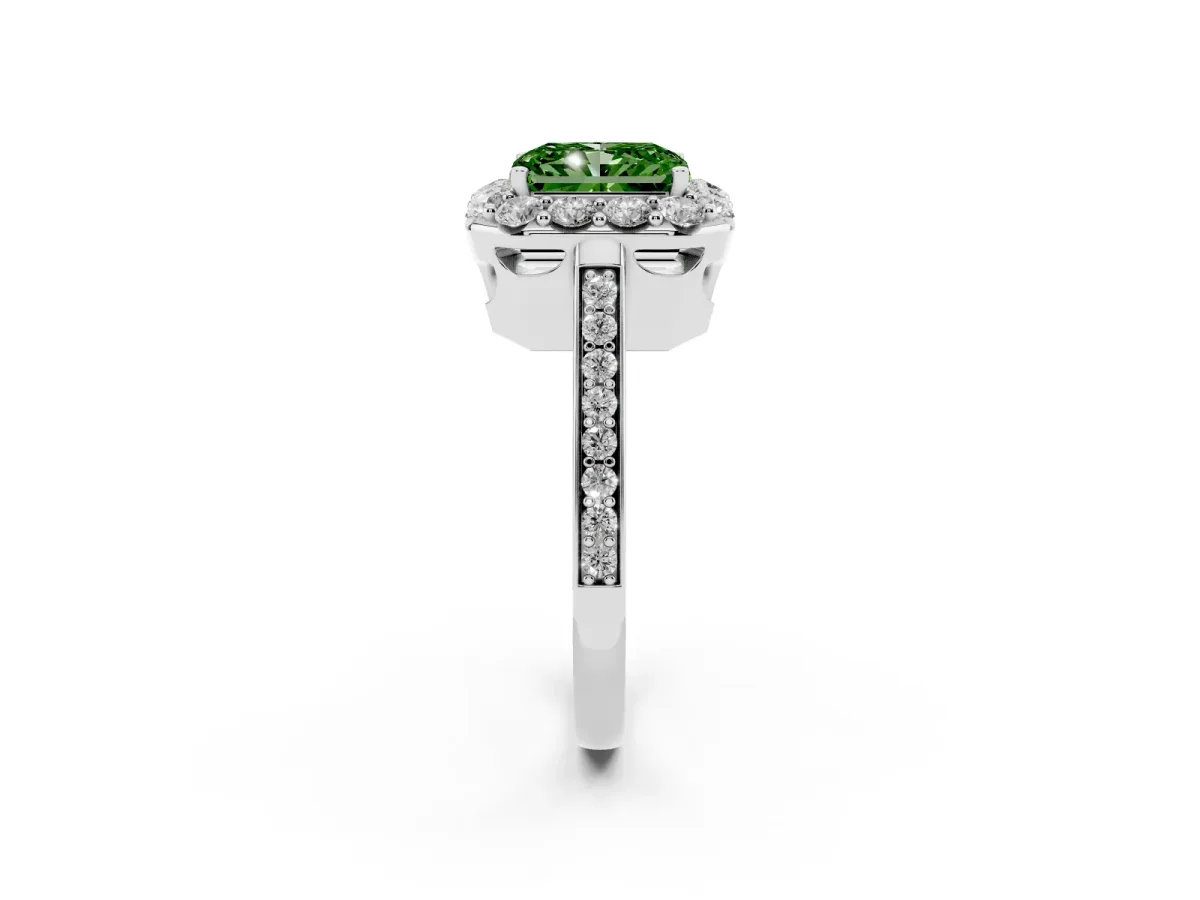 Fancy Green Radiant Cut Diamond Floral Halo Ring with Pavé Band and Prong Setting Silver