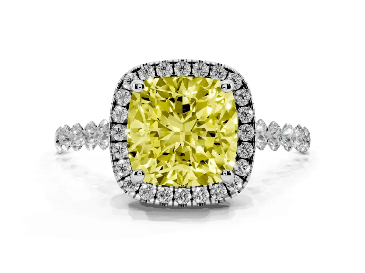 Fancy Yellow Cushion Cut Halo Pavé Diamond Engagement Ring with Four-Prong Setting White gold