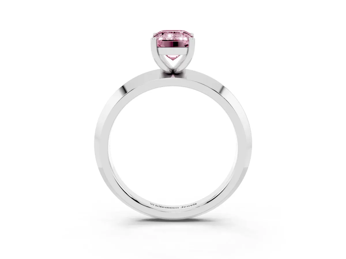 Fancy Pink Emerald Cut Cut Solitaire Engagement Ring with Flat Band and Four-Prong Setting Platinum