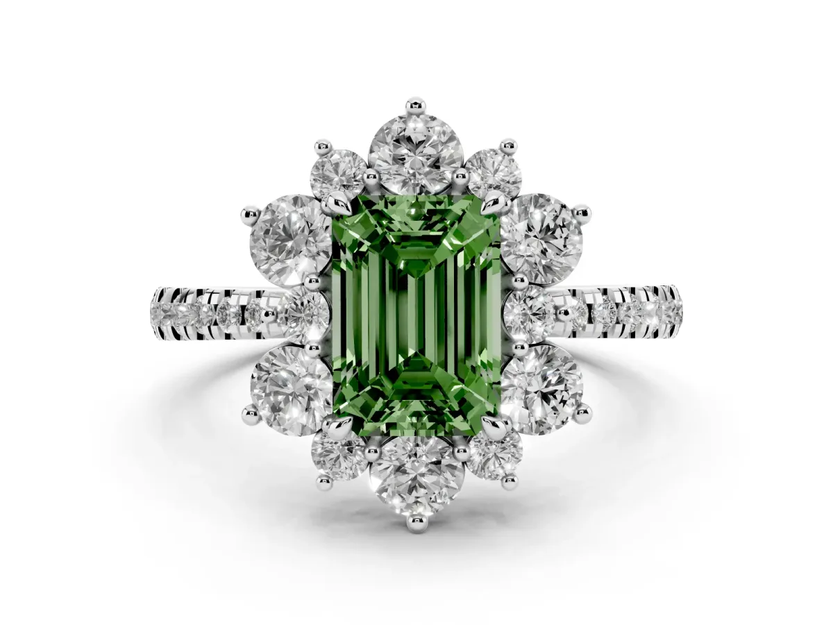 Fancy Green Emerald Cut Diamond Floral Halo Ring with Round Pavé Band and Prong Setting Silver