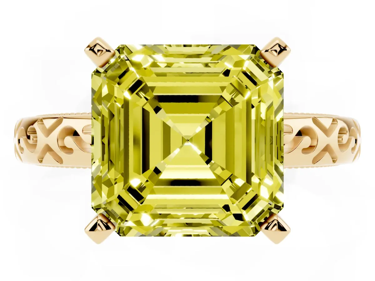 Fancy Yellow Asscher Cut Solitaire Engagement Ring with Scrollwork Band and Four-Prong Setting Yellow gold
