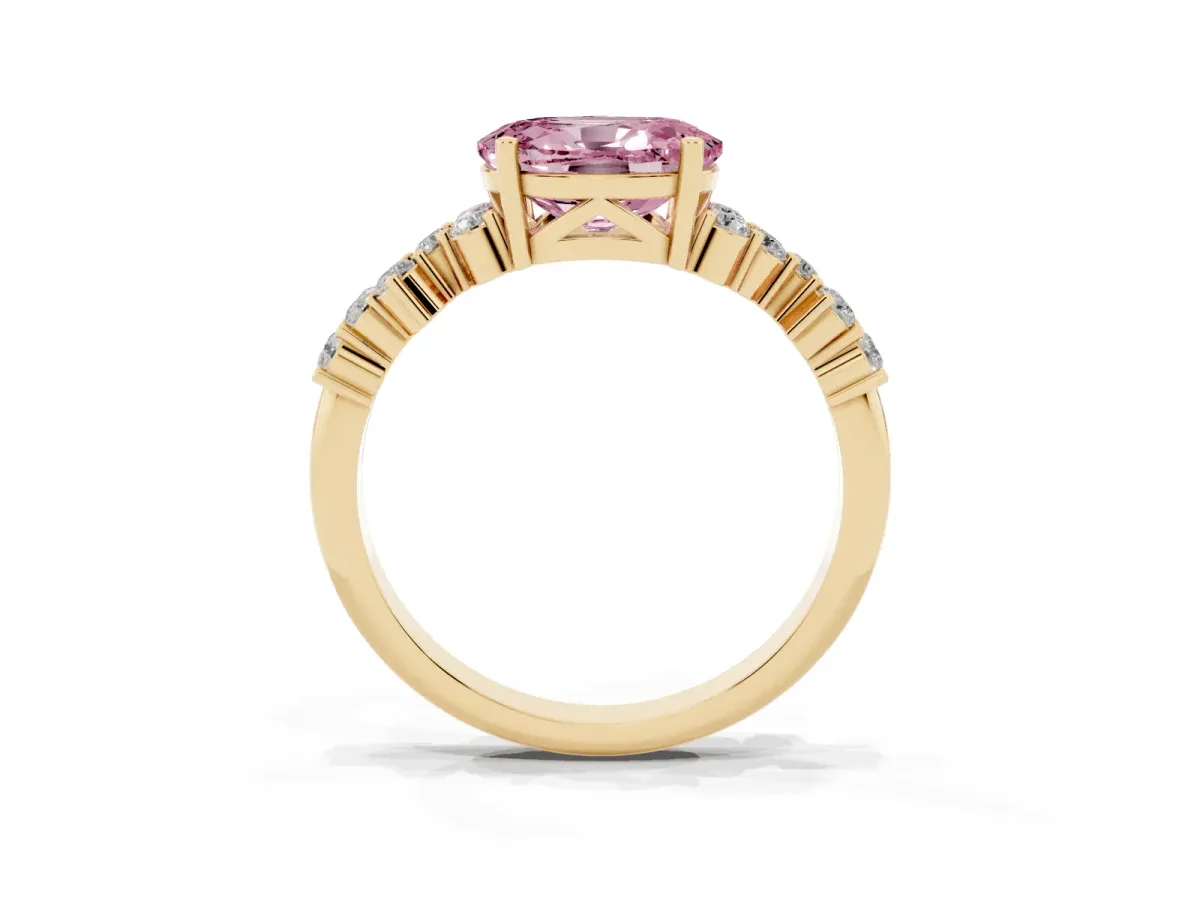Fancy Pink Oval Cut Diamond Scattered Round Accent Ring with Prong Setting Yellow gold