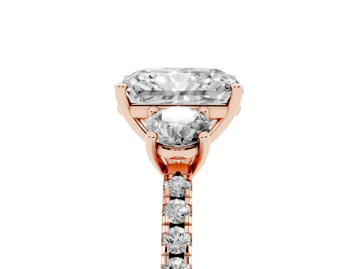 Three-Stone Radiant Cut Cut Diamond Pavé Band with Prong Setting Rose gold