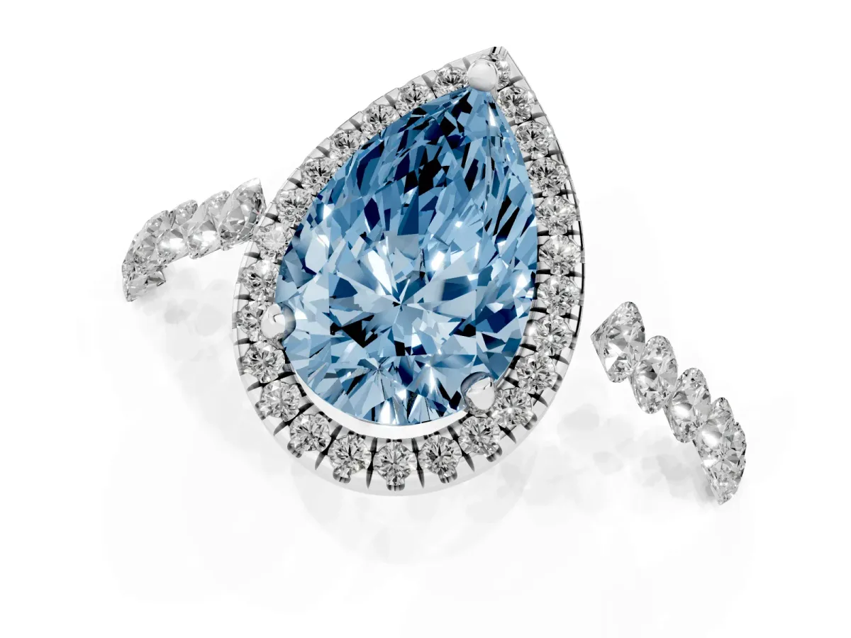Fancy Blue Pear Cut Halo Pavé Diamond Engagement Ring with Four-Prong Setting Silver