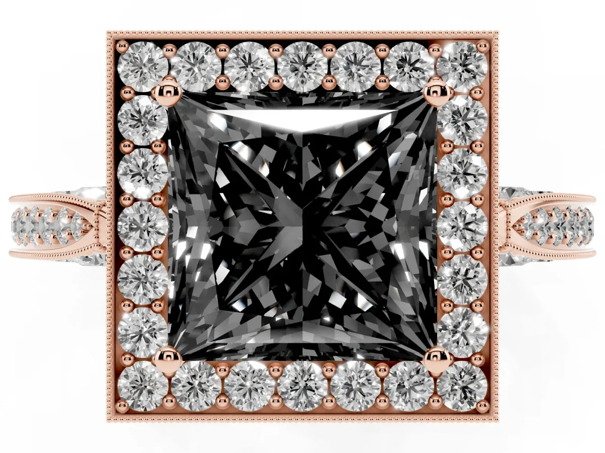 Fancy Black Princess Cut Halo Diamond Engagement Ring with Split Shank Band and Four-Prong Setting Rose gold