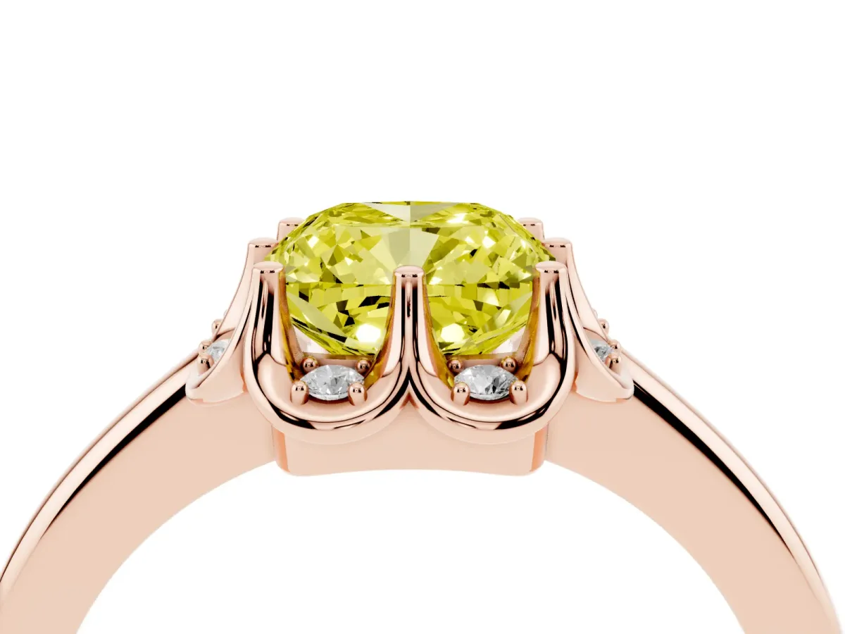 Fancy Yellow Cushion Cut Halo Diamond Ring with Round Cluster Setting, Solitaire Band, and Four-Prong Setting Rose gold