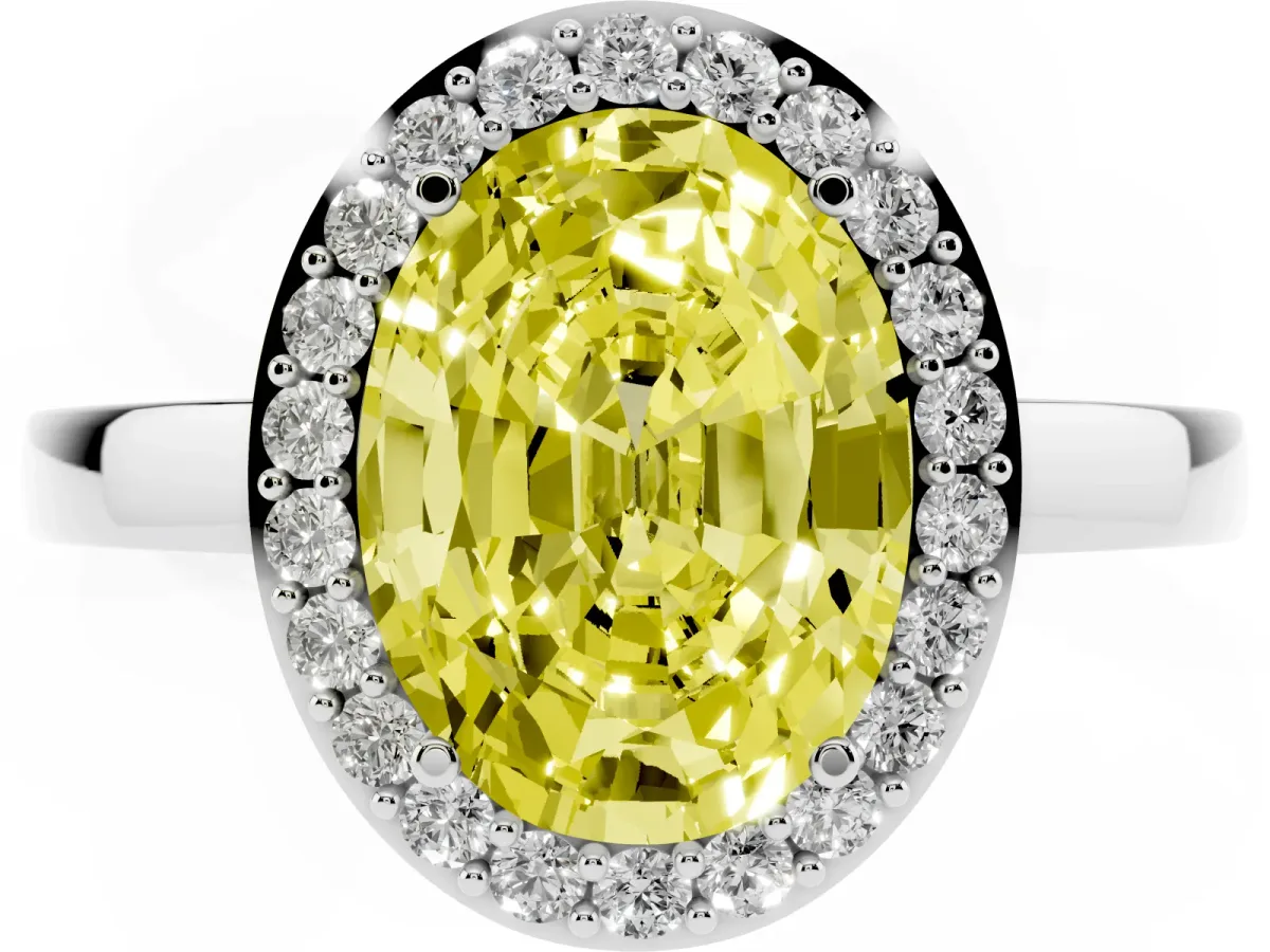 Fancy Yellow Oval Cut Halo Diamond Ring with Solitaire Band and Prong Setting Silver