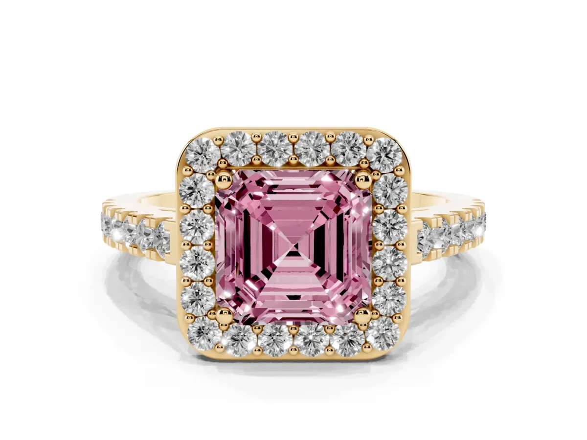Fancy Pink Asscher Cut Diamond Halo Ring with Round Pavé Split Shank and Prong Setting Yellow gold