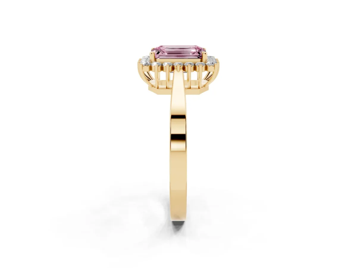 Fancy Pink Emerald Cut Cut Diamond Halo Ring with Round Brilliant Halo and Solitaire Band Yellow gold