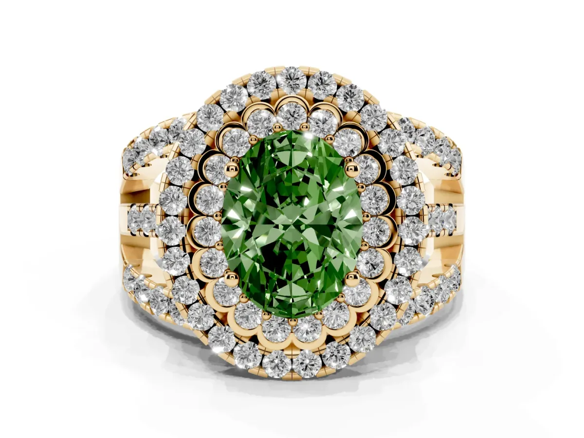 Fancy Green Oval Cut Diamond Double Halo Ring with Round Pavé Split Shank and Prong Setting Yellow gold