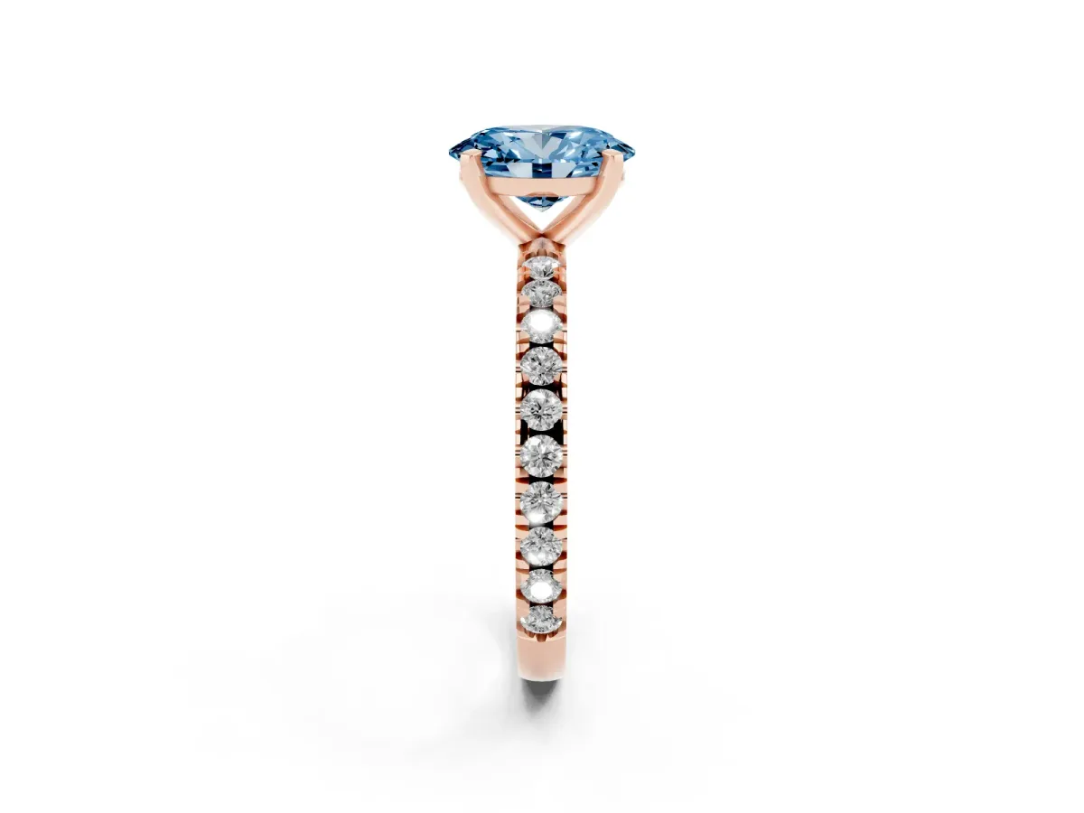Fancy Blue Oval Cut Diamond Pavé Band Solitaire with Four-Prong Setting Rose gold
