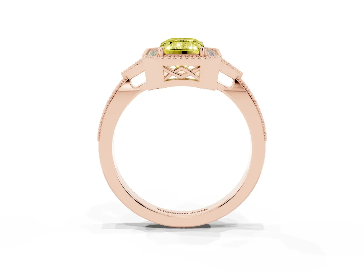 Fancy Yellow Emerald Cut Halo Round Diamond Milgrain Pave Engagement Ring Rose gold