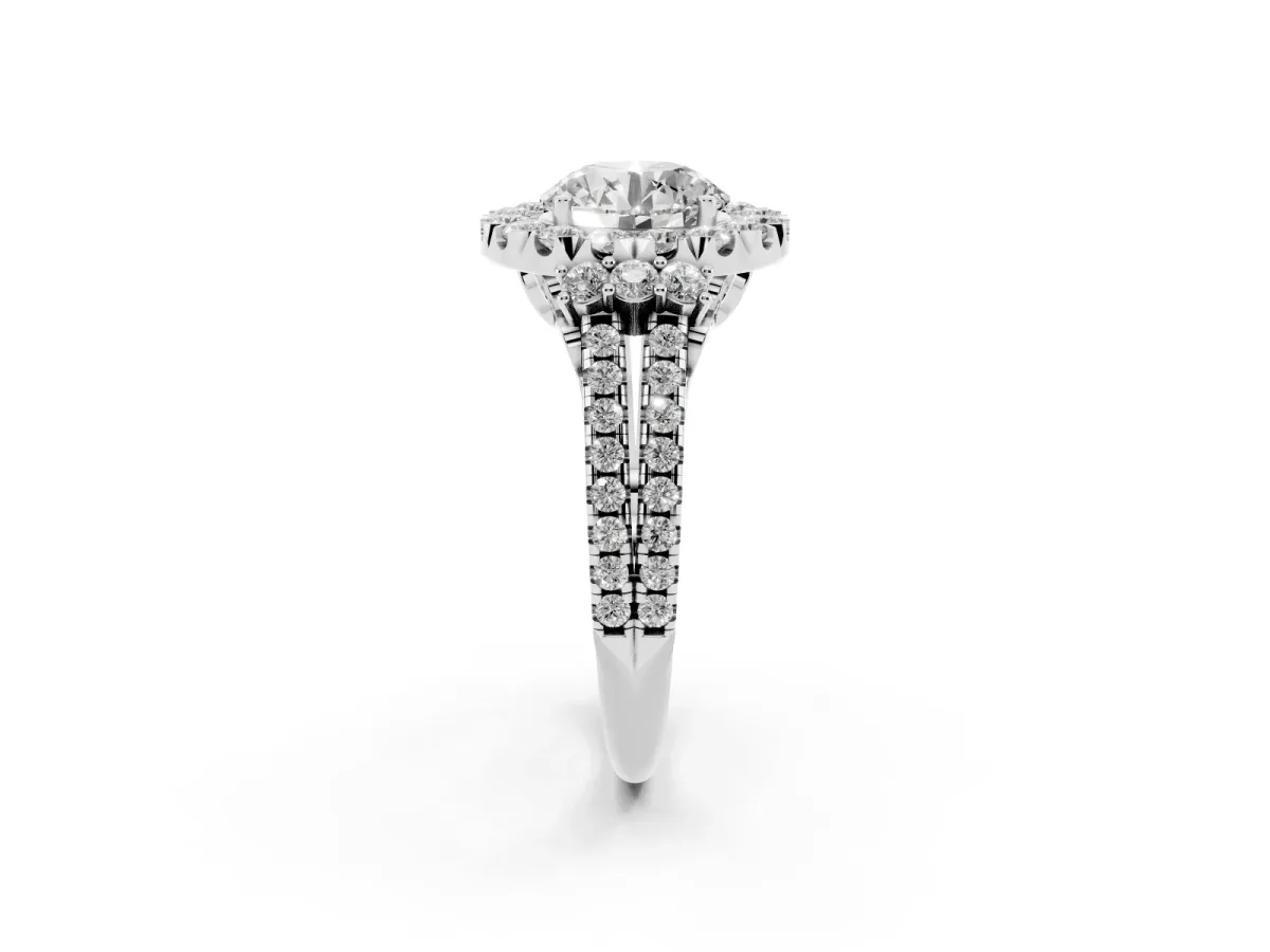 Round Cut Cut Double Halo Diamond Engagement Ring with Pave Band and Four-Prong Setting Platinum
