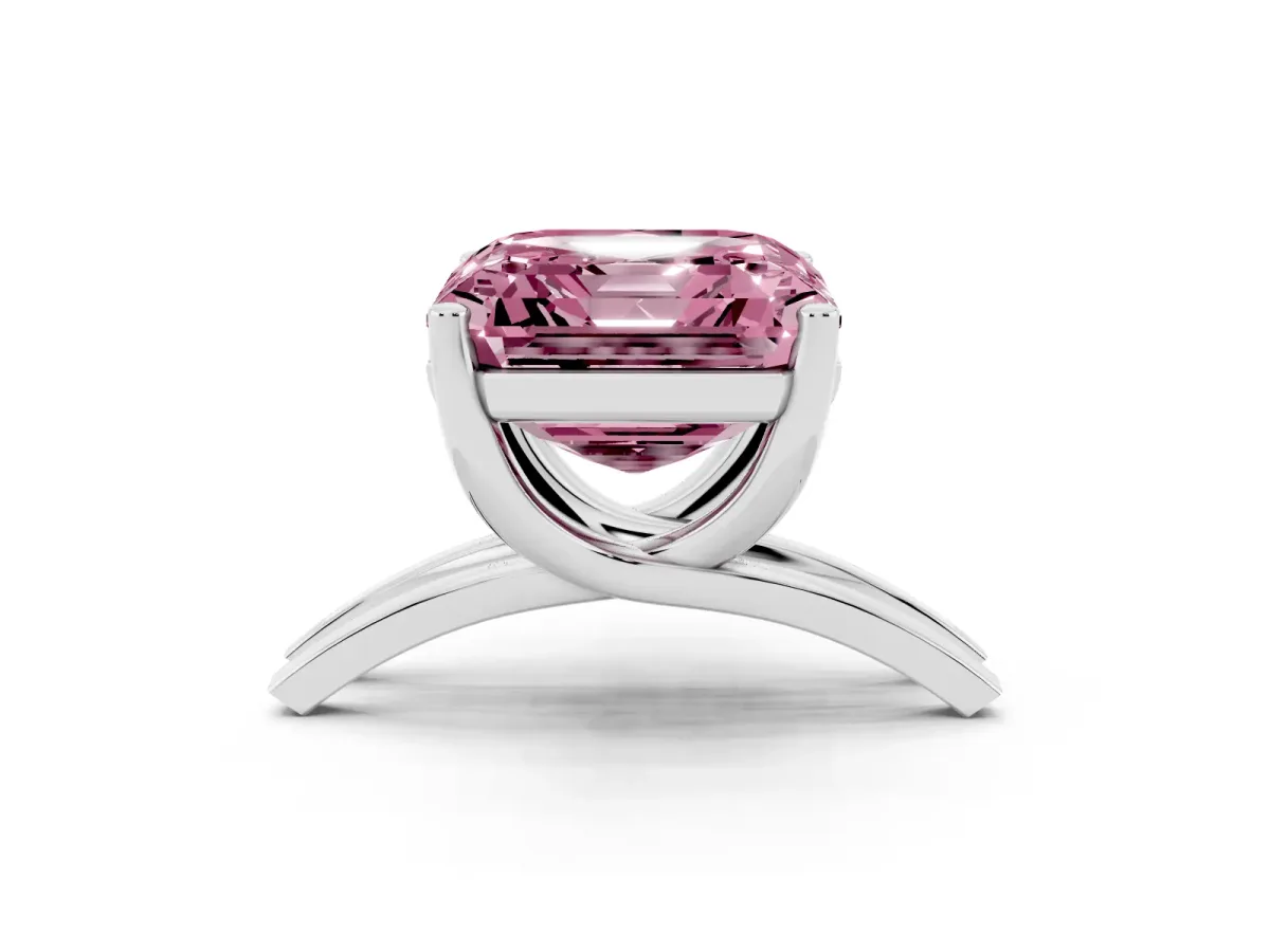 Fancy Pink Asscher Cut Cut Diamond Solitaire Engagement Ring with Tapered Plain Band and Four-Prong Setting Platinum