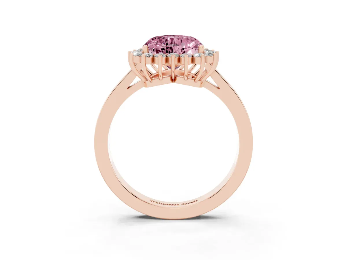 Fancy Pink Heart Cut Cut Diamond Halo Ring with Round Brilliant Halo and Solitaire Band Rose gold