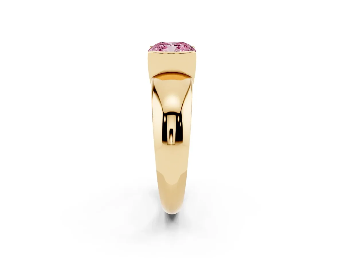 Fancy Pink Cushion Cut Solitaire Tension Set Diamond Ring with Wide Band Yellow gold