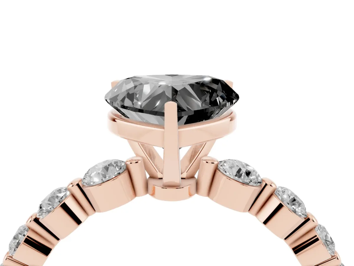 Fancy Black Heart Cut Solitaire Diamond Ring with Pave Band and Four-Prong Setting Rose gold