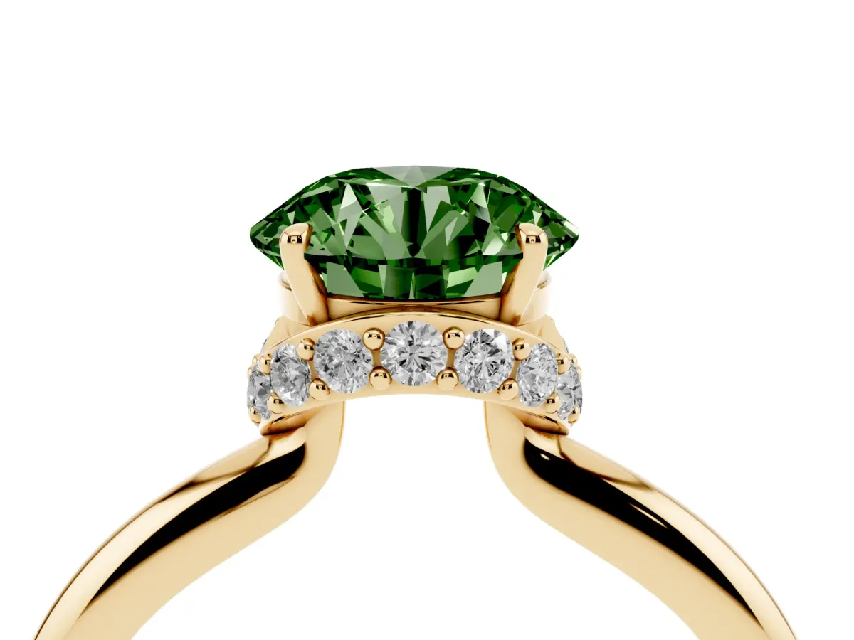 Fancy Green Round Cut Brilliant Solitaire Engagement Ring with Six-Prong Setting and Classic Band Yellow gold