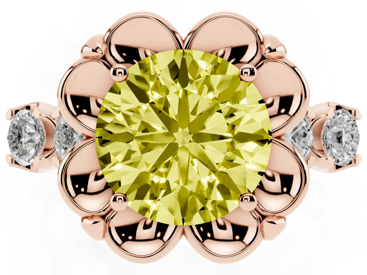 Fancy Yellow Round Cut Cut Diamond Floral Halo Engagement Ring with Shared Prong Setting Rose gold
