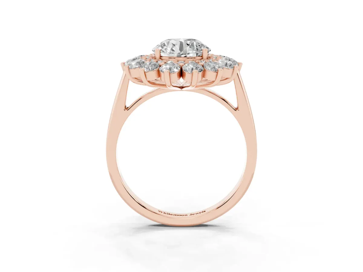 Round Cut Diamond Floral Double Halo Engagement Ring with Prong Setting Rose gold
