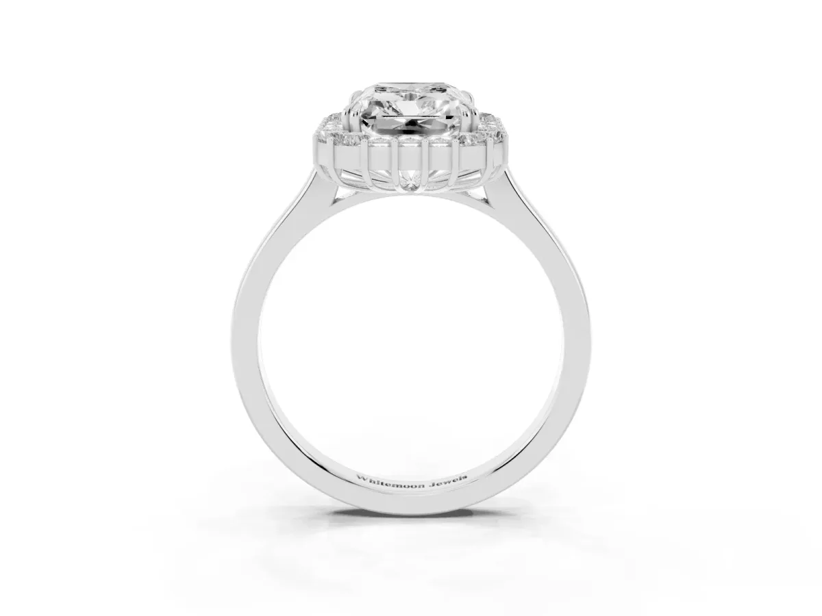 Radiant Diamond Baguette Halo Engagement Ring Silver
