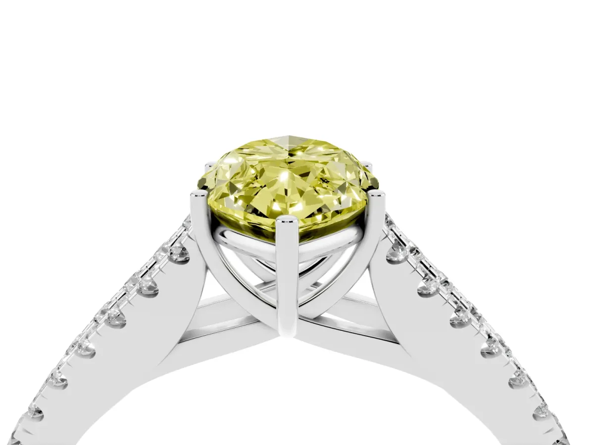 Fancy Yellow Marquise Cut Diamond Split Shank Engagement Ring with Round Pavé and Prong Setting Silver