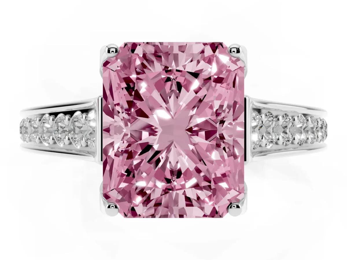 Fancy Pink Radiant Cut Brilliant Cut Diamond Engagement Ring with Pavé Band and Four-Prong Setting White gold