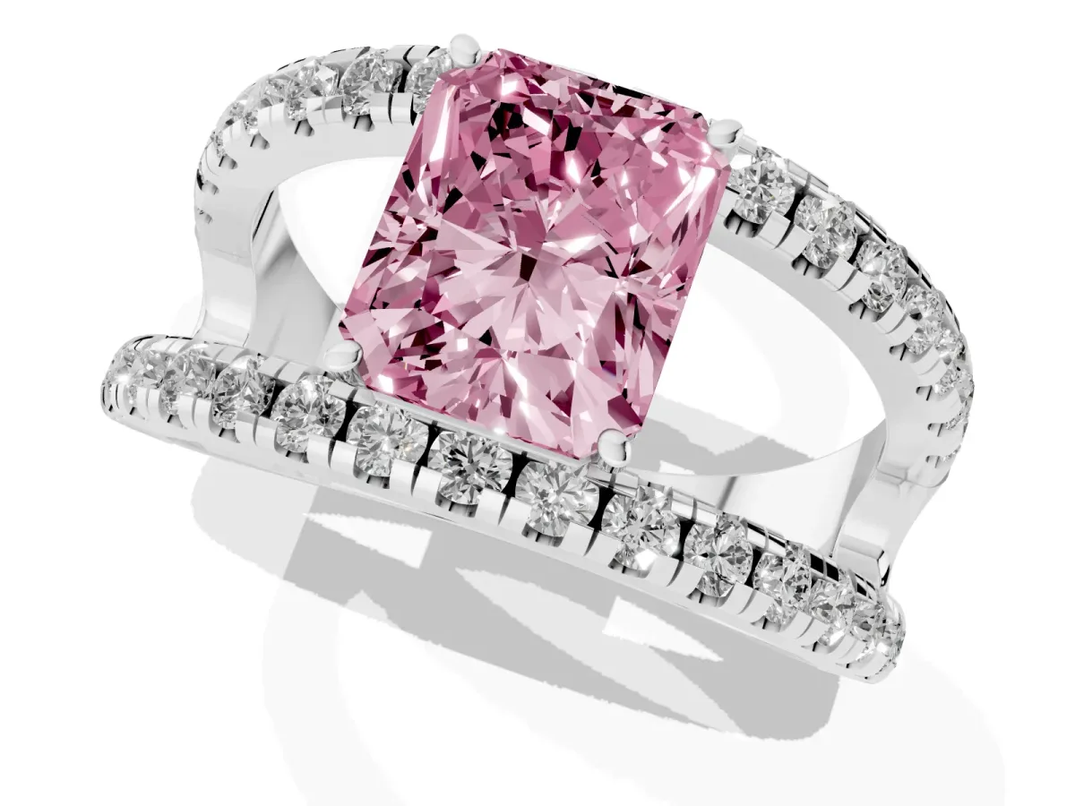 Fancy Pink Radiant Cut Solitaire Split Shank Pave Diamond Ring Silver