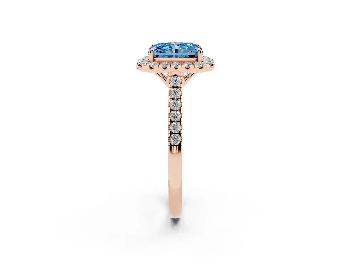 Fancy Blue Radiant Cut Halo Pavé Diamond Engagement Ring with Four-Prong Setting Rose gold