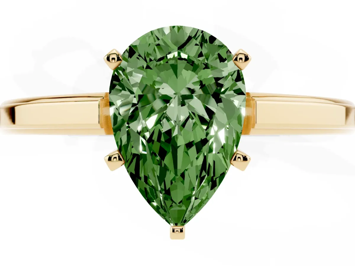 Fancy Green Pear Cut Solitaire Diamond Ring with Four-Prong Setting and Classic Band Yellow gold